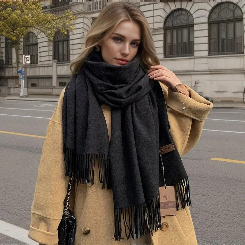丝巾女2024 Solid Color Cashmere Scarf for Women Thick Warm Winter Pashmina Shawls Wraps Tassel Female Blanket Echarpe Bufanda Hijab