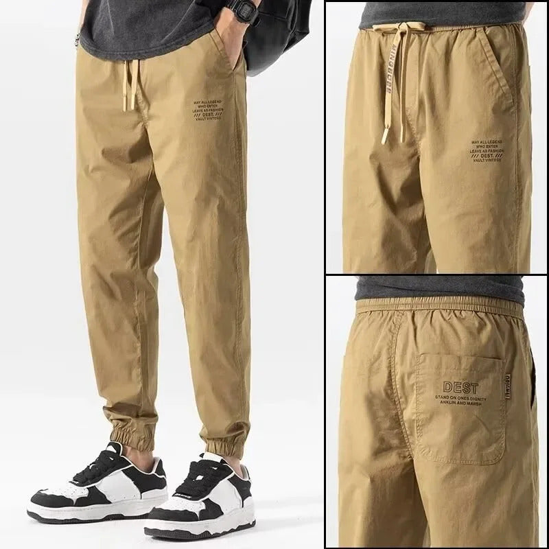 休闲裤男Summer Thin Ice Silk Casual Pants Men's Quick Dry Elastic Waist Harajuku Style Loose Fit Sports Cropped Pants