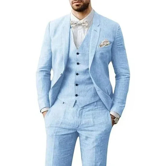 礼服男Linen Suits for Men 3 Pieces Blazer Vest and Pants Set Notched Lapel Elegant Tuxedo Set for Wedding Business Evening Party