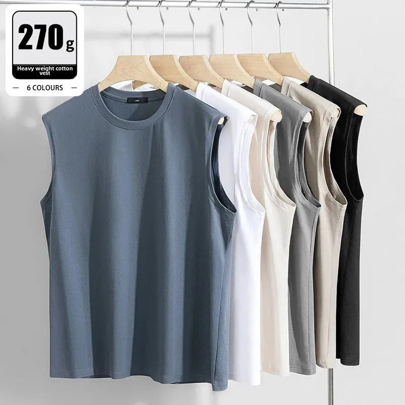 男士背心Heavyweight 270g Pure Cotton Vest Men's Summer Loose round Neck Sleeveless T-Shirt Xinjiang Cotton Outerwear Sweatshirt