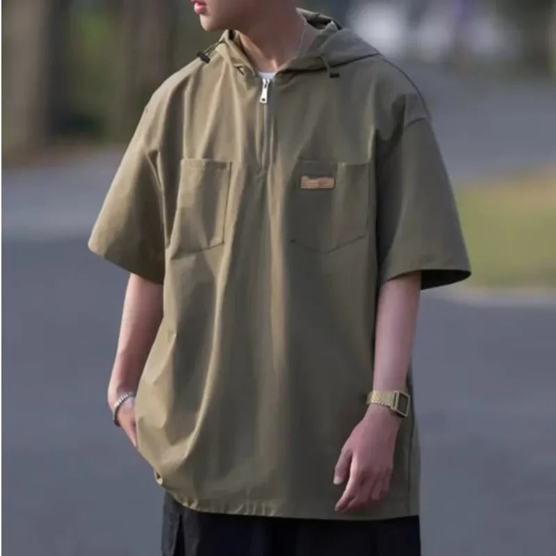 T恤男Trendy American Style Vintage Half Sleeve T-Shirt Men's Casual Loose Fit Hooded Top For Summer Fashion