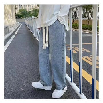 牛仔裤男Men's Straight-Leg Loose-Fit Elastic Waist Jeans Summer Trousers American Style Trendy Brand Bell Bottoms Casual Pants