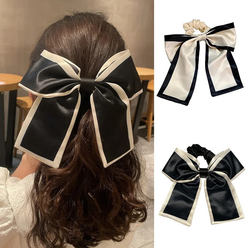 发饰Silk Large Bow Hair Bands Hair Scrunchie Girl Streamers Hair Tie Ponytail Holder Elastic Hair Girl Satin Ribbon French Hair Rope