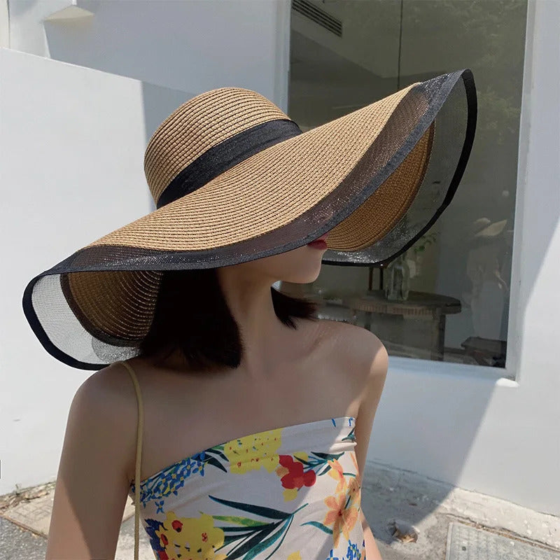 帽子女Women Sun Hat Big Eaves Waves Beach Cap Ladies Hat Big Brim Sun Visors UV Cut Bucket Panama Cap Foldable Straw Sunscreen Vintage