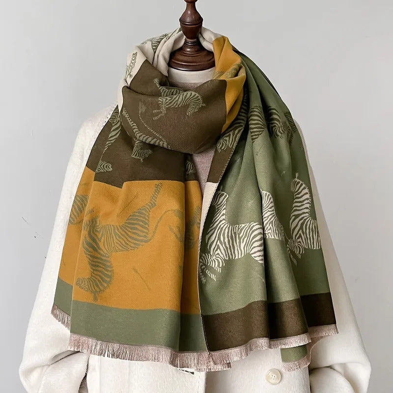 丝巾女New Luxury Zebra Print Cashmere Scarf Women Winter Pashmina Thick Warm Shawl Wrap Bufanda Poncho Blanket Lady Outdoor Echarpe