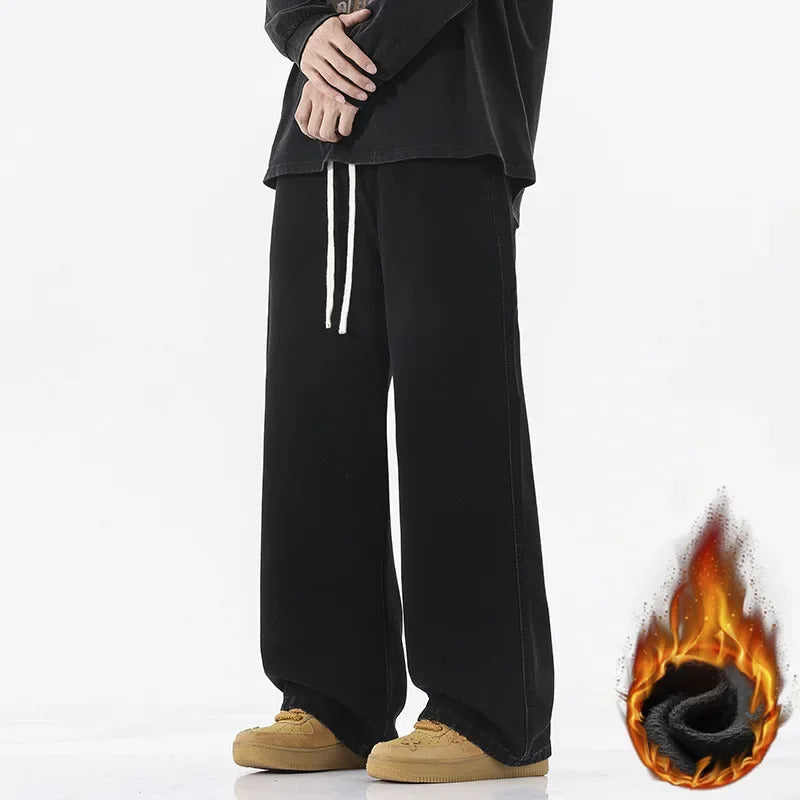 牛仔裤男Loose-Fit Straight-Leg Denim Jeans For Men Casual Style Fleece-Lined Wide-Leg Design New 2024 Collection Autumn/Winter