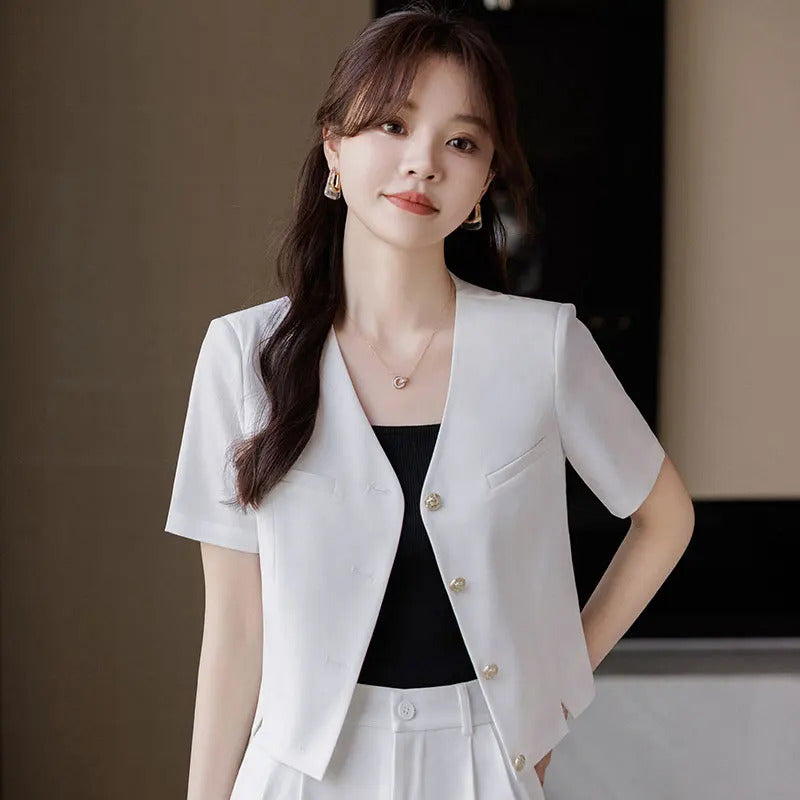 商务装女White Suit Set for Women Summer Short Sleeve Petite Elegant Casual FashionVThin Short Blazer Jacket