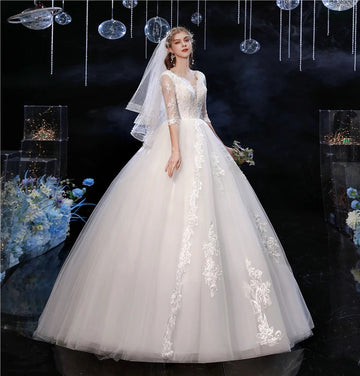 礼服女Y&M Novias Sweet White Wedding Dress Newest V Neck Lace Half Sleeve Lace Appliques Customized Wedding Gown for Bride Real Photo
