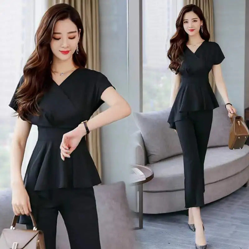 商务装女Casual Elegant Fashion Solid Folds Pant Sets Summer 2024 V-Neck Short Sleeve Top Elastic Waist Full Length Pants Slim Women Sets