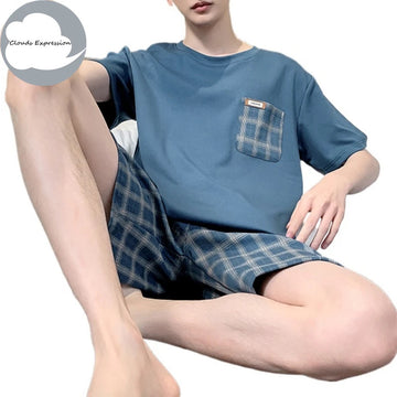 睡衣男Summer Plus 4XL Knitted Pjs Short Sleeve Mens Pajamas Sets Male Pajama Set Plaid Pajama For Men Sleepwear Suits Homewear Fashion