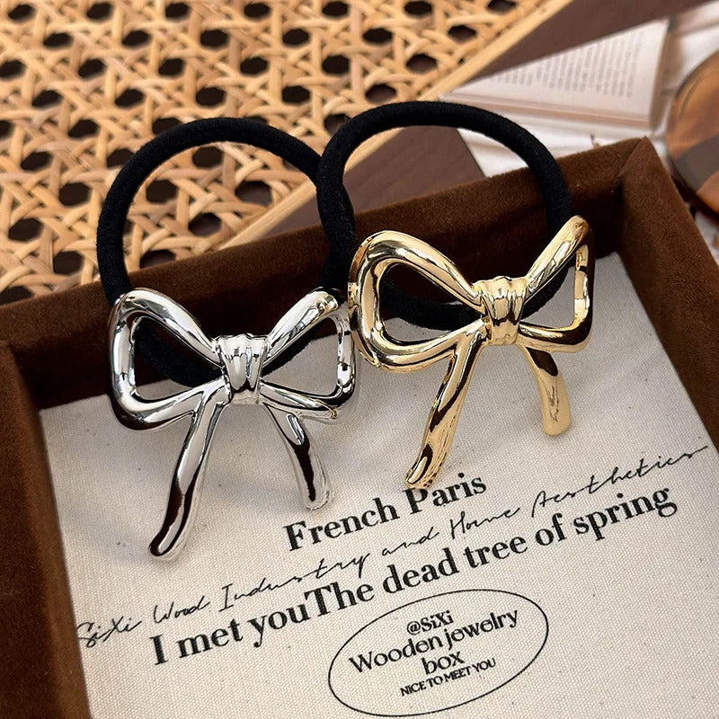 发饰Retro Golden Silver Bow Hair Rope Headband for Woman Girl Temperament Hair Tie Black Rubber band Female Fashion Hair Accessories