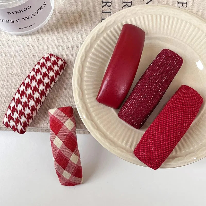 发饰New Year's Sweet Red Hair Pin Women's Thousand Bird Grid Velvet Edge Clip BB Clip Sponge Thickened Bangs Clip Hair Accessories