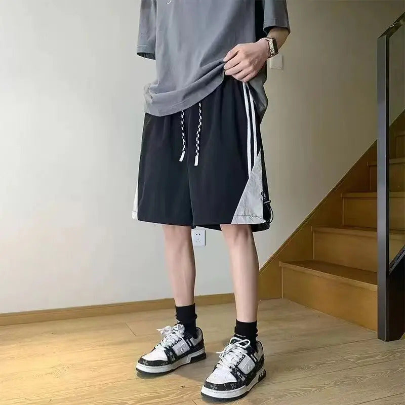 短裤男Men Casual Shorts New Contrast Color Stitching Quick-drying Fitness Drawstring Elastic Waist Thin Breathable Trendy Sport Shorts