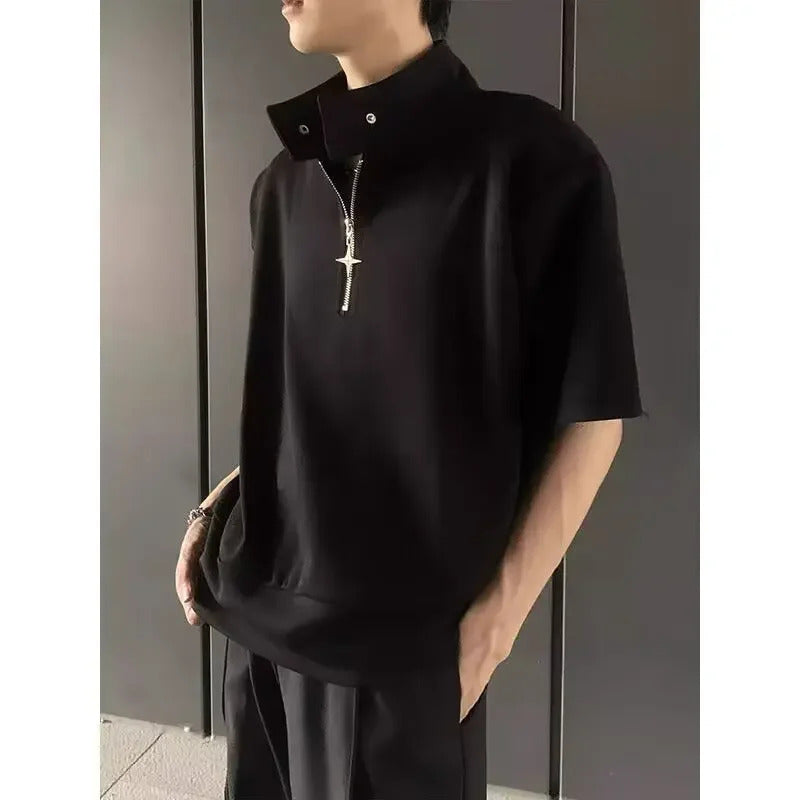 POLO男Korean-Style Stand Collar Metal Half-Zipper Polo Shirt For Men Niche Design Sensibility Destructed Loose-Fit Shoulder Pads Short