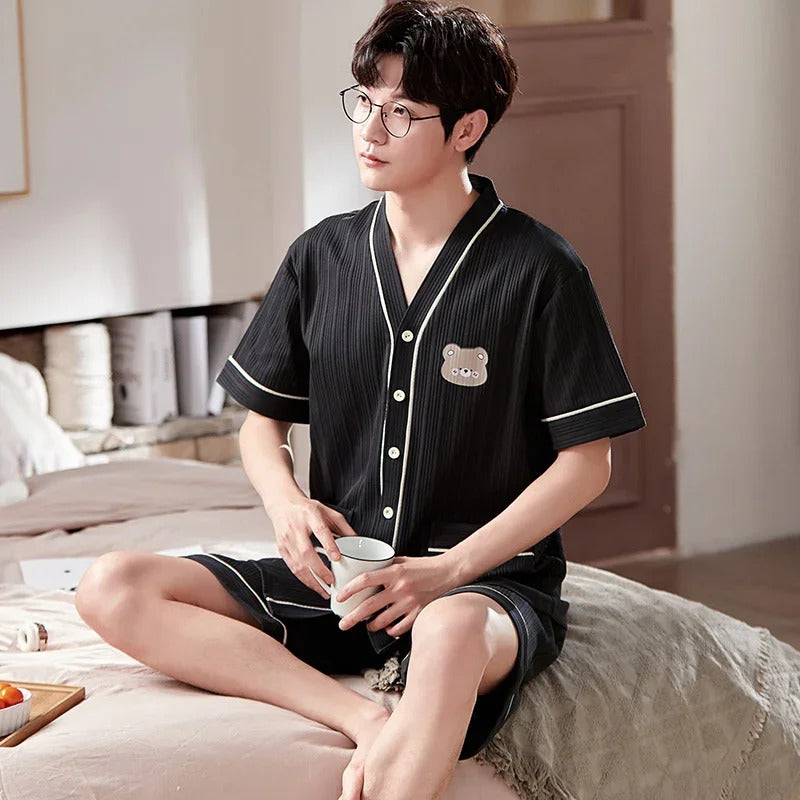 睡衣男Plus Size Men Pijamas Summer New Shorts Kimono Fashion Bear Printing Cotton Pajama Set Sleepwear Cardigan Leisure Men Pajamas