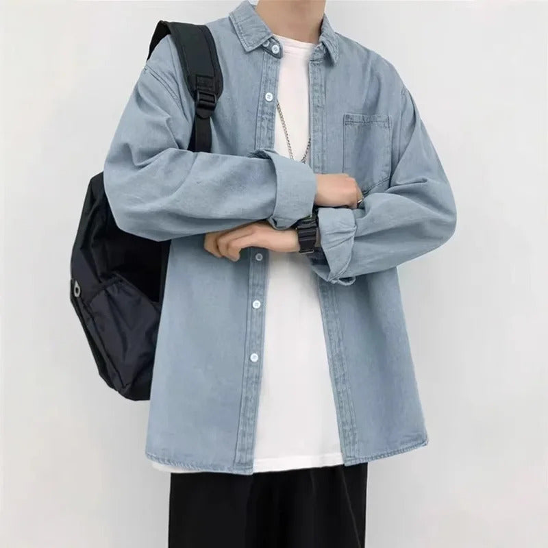 衬衫男Japanese Vintage Denim Shirt Men's Long Sleeve Loose Fit Casual Clothing Working Uniform Spring Autumn Versatile Jacket