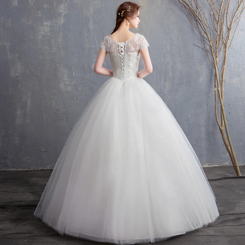 礼服女Cheap New O Neck Wedding Dress Pluse Size Lace Appliques With Cap Sleeve Pearls Dreamlike Bride Ball-Gowns Vestido De Noiva