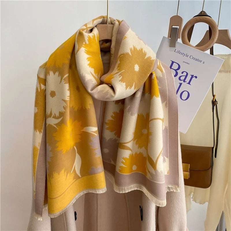 丝巾女2022 New Winter Cashmere Shawls for Women Thickening Scarf Pashmina Bufanda Blanket Female Stoles Double-Sided Scarf Sunflower
