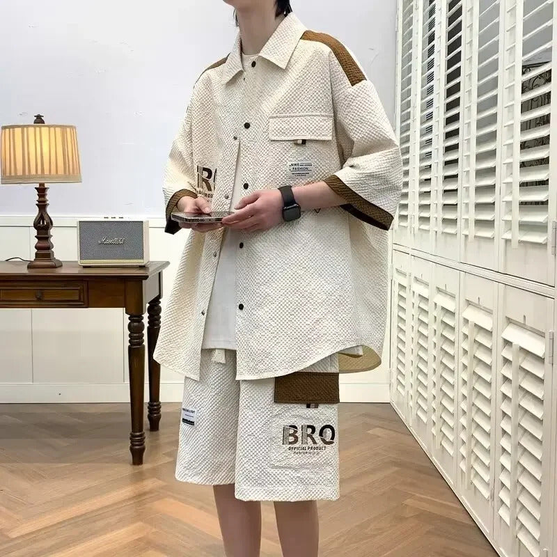 男士套装Trendy Ice Silk Men's Short Sleeve Shirt Suit Summer New Style Color Blocking Splicing Casual Shirt Shorts 2-piece Set