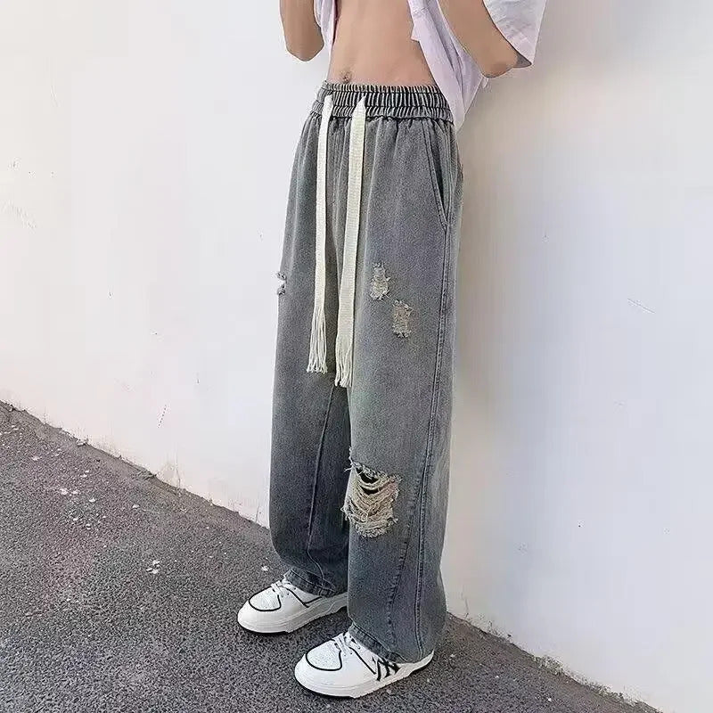 牛仔裤男Vintage American Style Men's Jeans With Drawstring Waist Straight-Leg Pants Casual Summer Fashion Trousers From China