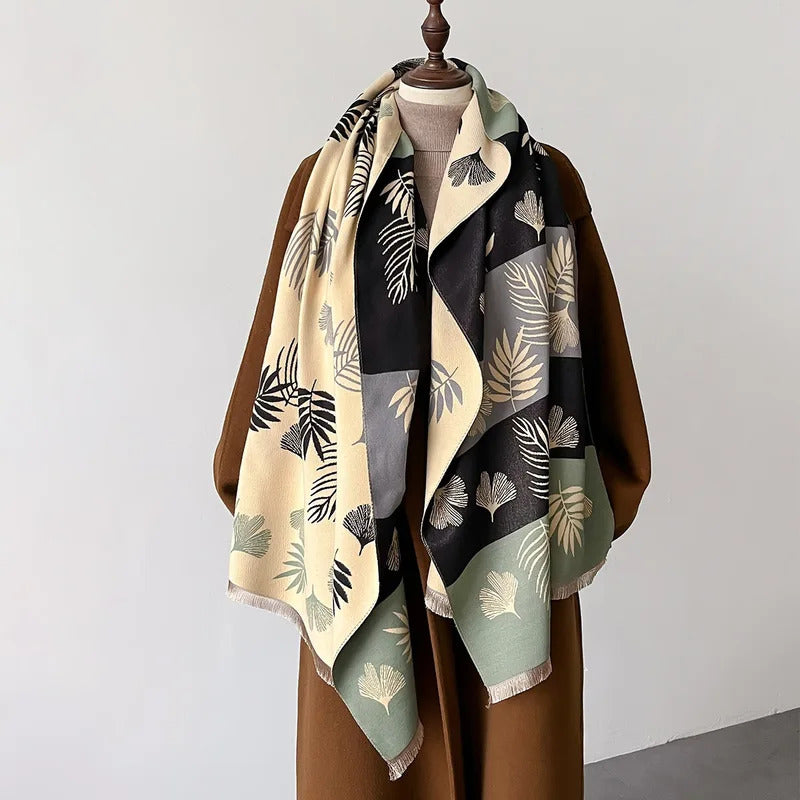 丝巾女2024 Winter Double-sided Cashmere Scarf Women Fashion Pashmina Shawl Wrap Leaf Design Keep Warm Head Scarves Female Neckerchief