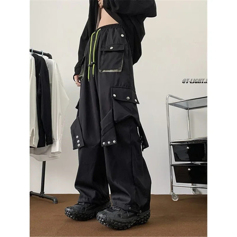休闲裤男American Style Street Hip Hop Cargo Pants Men's Spring High Street Multipocket Loose-Fit Wide Leg Drawstring Straight-Leg Pants