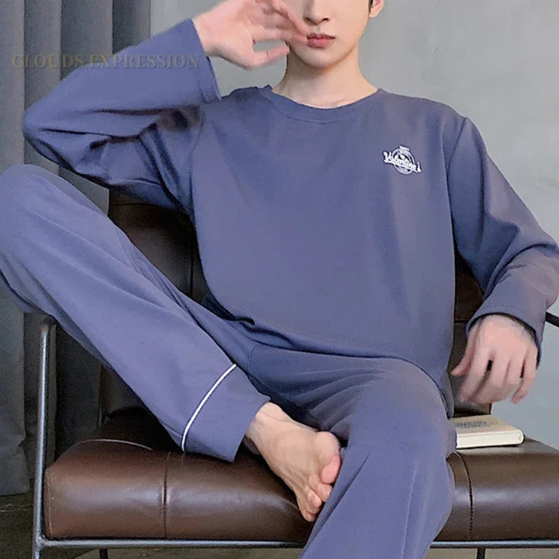 睡衣男Spring Autumn Knitted  Long Sleeved Men's Pajamas Sets Male Pajama Set Letter Pajama For Men Plaid Sleepwear Suit Homewear 3XL