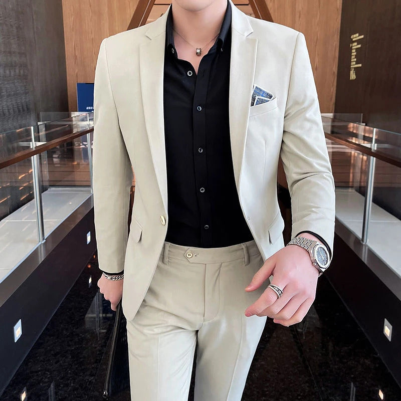商务装男M-4XL All-in-one Slim Fit (suit + Trousers) Stylish All-in-one Handsome Classic Wedding Business Casual Solid Color 3-piece Set