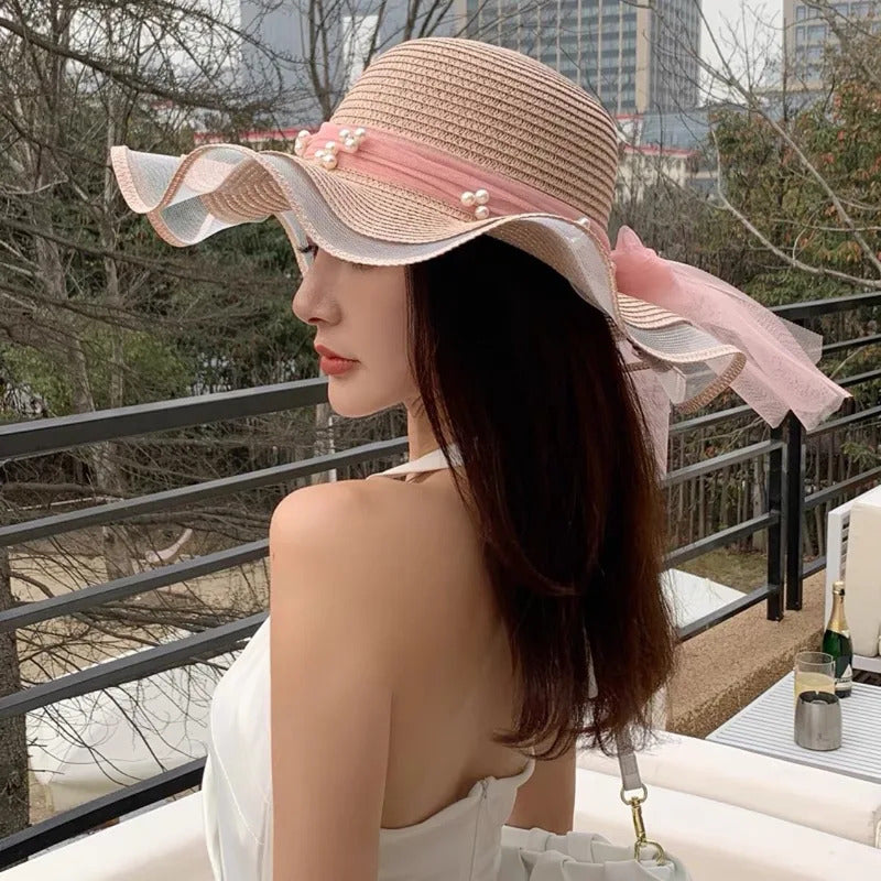 帽子女New Korean Style Woman Straw Gauze Joint Bow Ribbon Large Brim Sunshade Ins Celebrity Outing Fashion Beach Holiday Glacier Hat