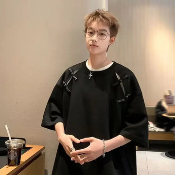 T恤男New Summer Men's T-Shirt Chinese Style Loose Fit Half Sleeve Design Sensibility Heavy Duty Casual Daily Wear Crew Neck
