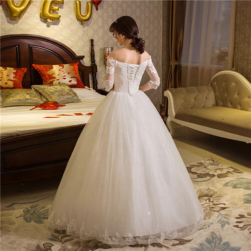 礼服女100% Real Photo Girl Wedding Dress 2025 New Half Sleeve Sweet Boat Neck Sexy Lace Gown Off The Shoulder Princess wholesale