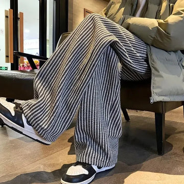 休闲裤男Korean Vintage Striped Woolen Casual Pants For Men High-Waisted Slimming Straight-Leg Wide-Leg Thin Style Spring Autumn