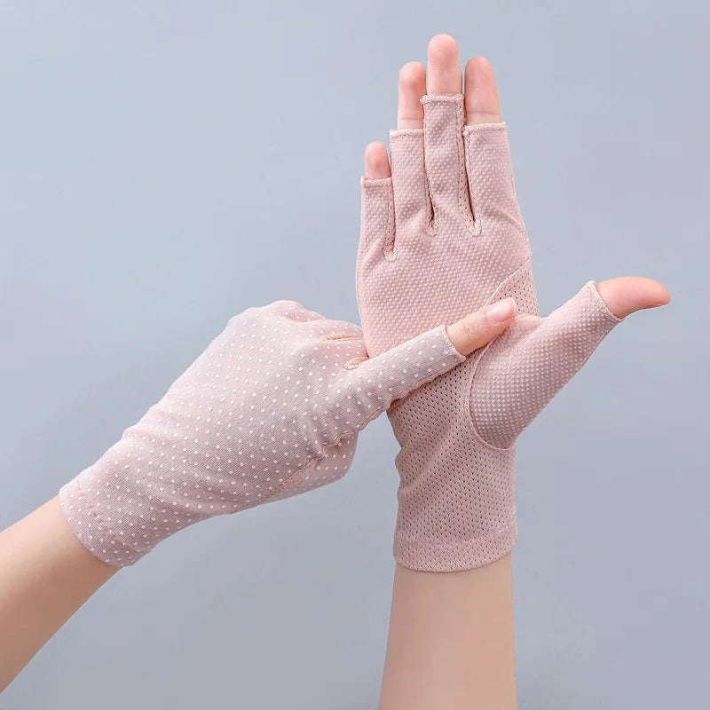 防晒手套女Summer Half Finger Women Sports Cotton Non-Slip Gloves Drive Cycling Sunscreen Short Fashion Personality Dots Anti-UV Thin