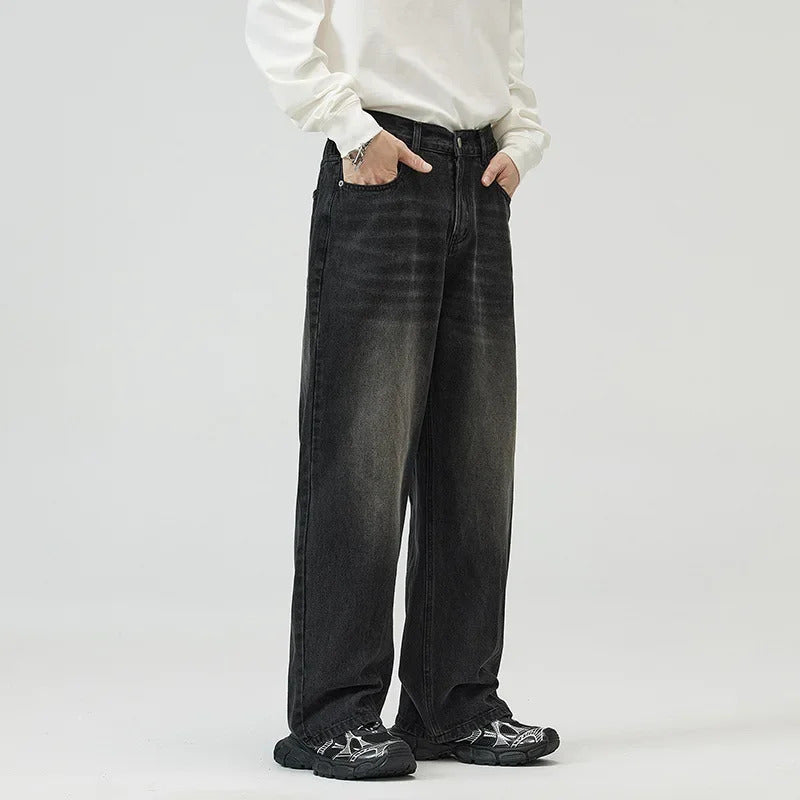 牛仔裤男2024 Spring New Men's Vintage Jeans Loose-Fit Straight-Leg Wide-Leg American Style Waist Elastic Denim Trousers