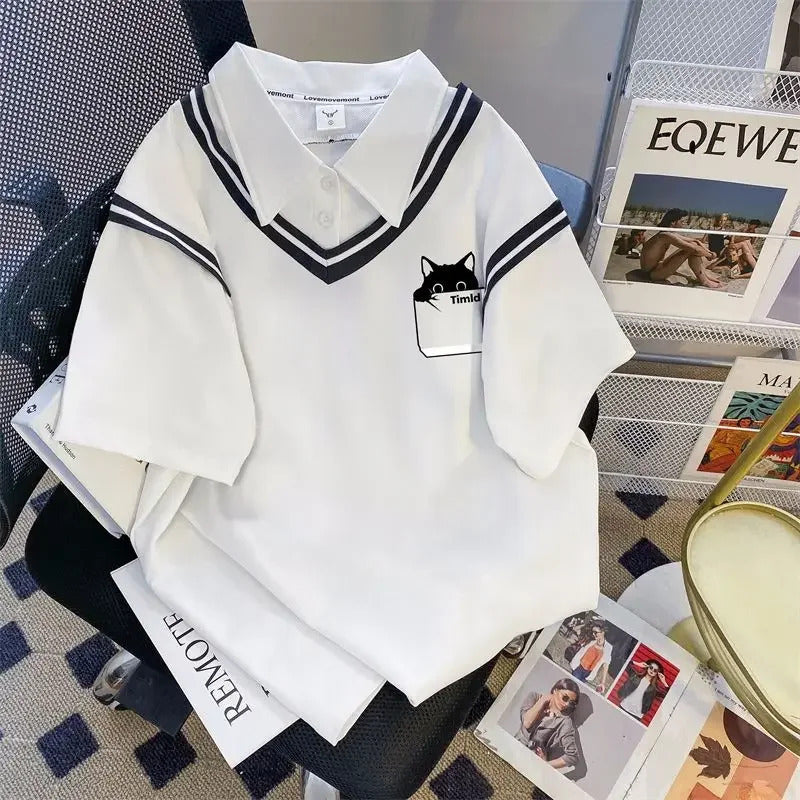 POLO男2024 New Summer Large Size Women's Clothing Two-Piece Illusion Loose Fit Short Sleeves Polo Collar Top And Bottom