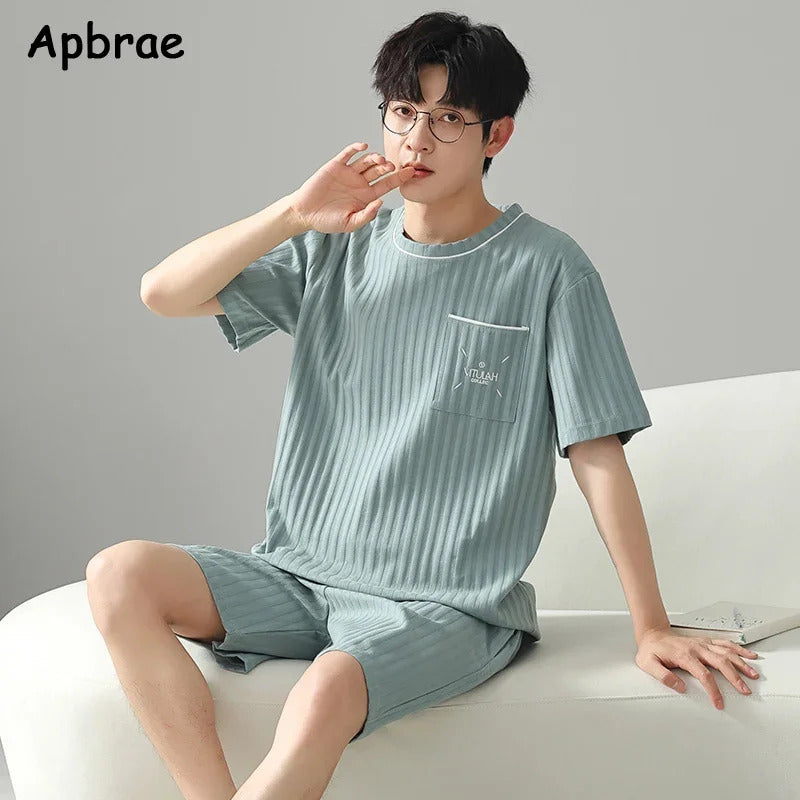睡衣男Summer Men Faux Cotton Pajamas Set Short Sleeves Shorts Sleepwear for Boy Big Size L-3XL Young Man Pijamas Pullover Homewear