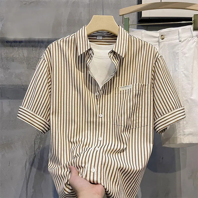 衬衫男Elegant Fashion Harajuku Slim Fit Ropa Hombre Loose Casual Sport All Match Tops Square Neck Button Pockets Short Sleeve Blusa