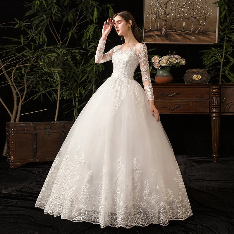 礼服女Winter Lace Embroidery White Wedding Dress Full Sleeve Sweetheart Elegant Plus Size Vestido De Noiva Bride Gown Floor