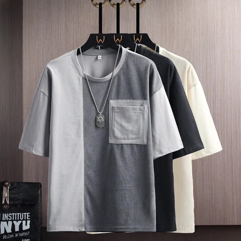 T恤男2024 Summer Men's Japanese Style PocketLoose-FitTrendy Brand Hong Kong Style Versatile Teen Short Sleeve T-Shirt