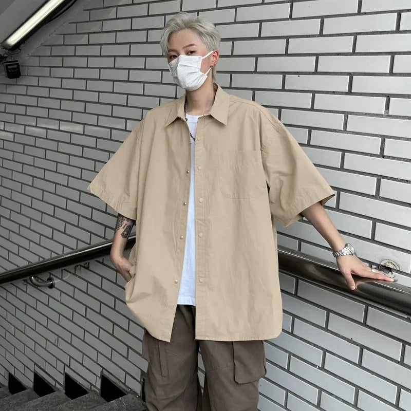 衬衫男Versatile Men's Short Sleeve Shirt Summer Style Solid Color Casual Korean Vibe Lightweight Jacket For Students And Young Men