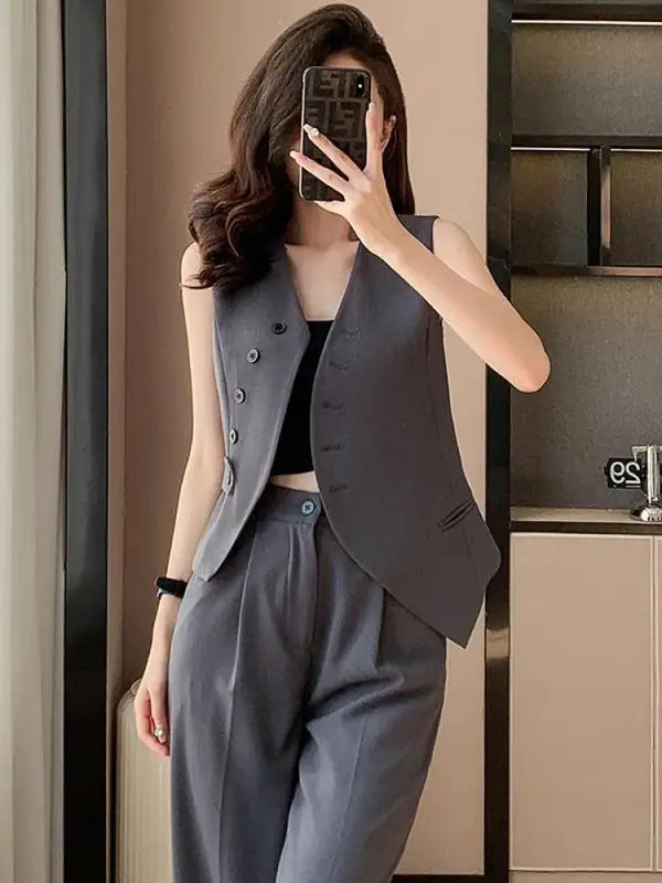 商务装女Women Fashion Suit Black White Gray V-neck Single Breasted Irregular Vest Tops And High Waist Wide Leg Pant Casual Two Piece Set