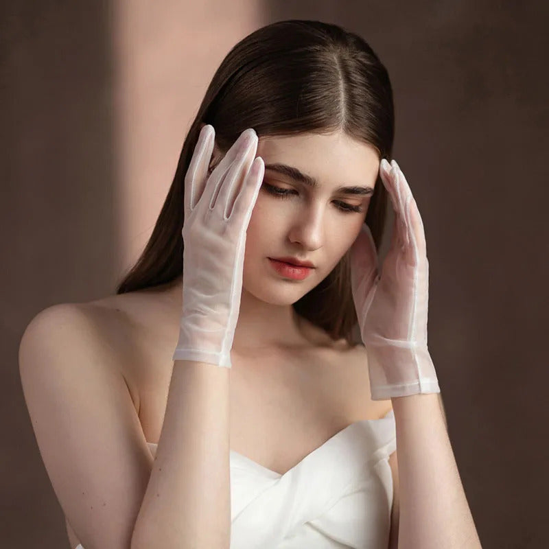 防晒手套女Korean Simple Short White Transparent Mesh Flower Pearl Wedding Dresses Gloves For Bride Evening Parties etiquette Accessories