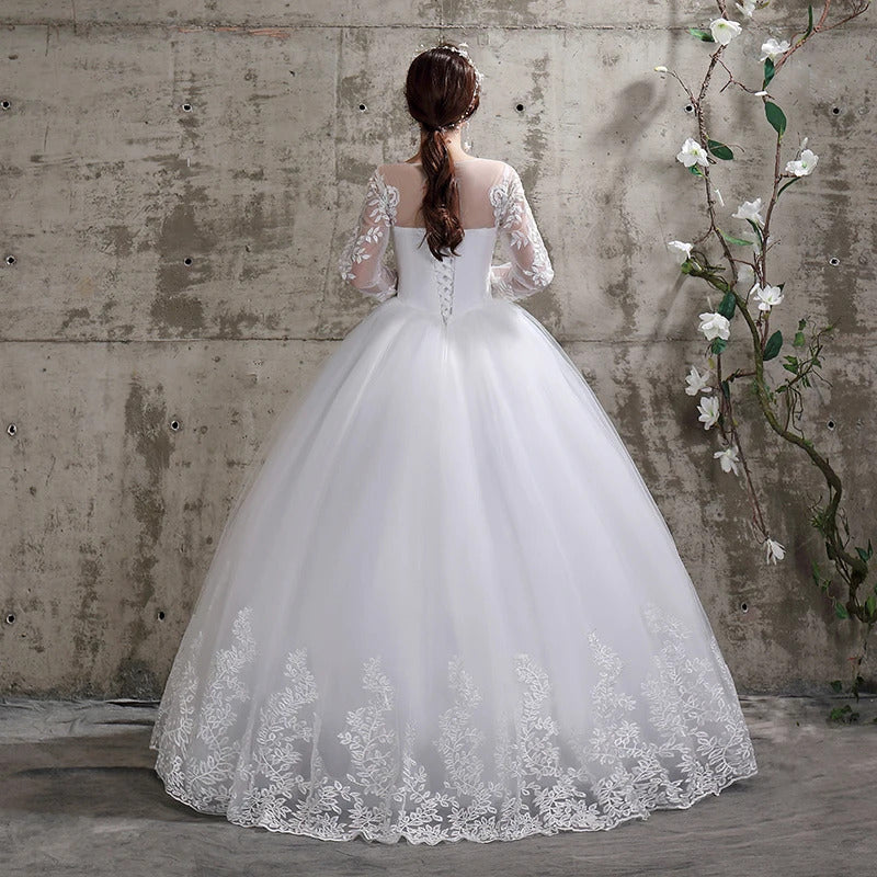 礼服女New Summer Korean Light Wedding Dress Vestidos De Novia Off White Bride Custom O-neck Princess Simple Long Sleeve Lace Appliques