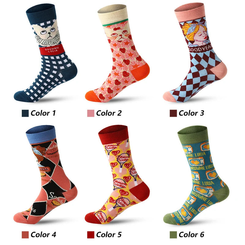 6pair/batch Fashion Cartoon cat Men Socks Soft Breathable Cotton Long socks Casual Socks Harajuku Happy Stockings Fun socks Gift男士袜子