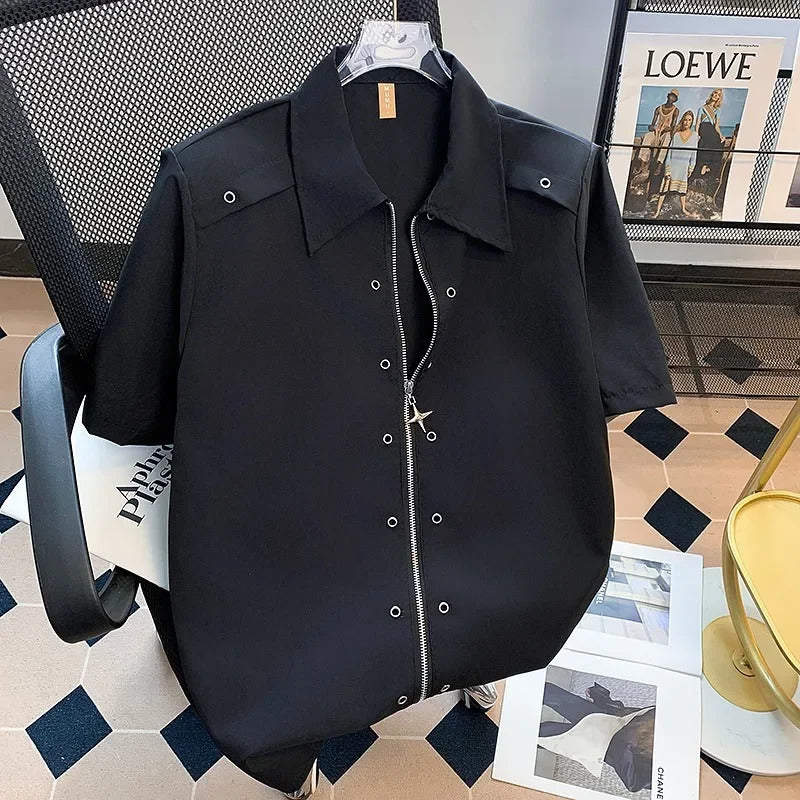 衬衫男Nicheshort Sensible Men's Summer New Trendy Shirt American Style Cardigan Zip-up Loose-fit Shirt For Casual Wear