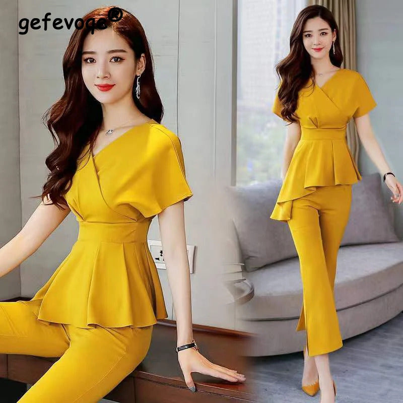 商务装女Casual Elegant Fashion Solid Folds Pant Sets Summer 2024 V-Neck Short Sleeve Top Elastic Waist Full Length Pants Slim Women Sets