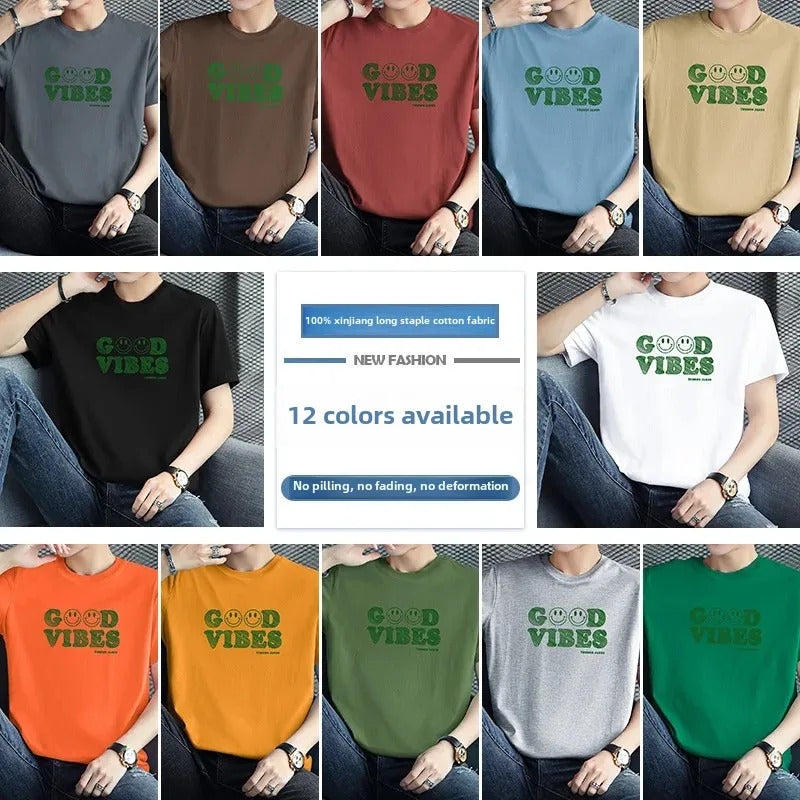 T恤男2024 New Summer Trendy Men's Short Sleeve Cotton T-Shirt Loose Fit Round Neck Half Sleeve Printed Tops
