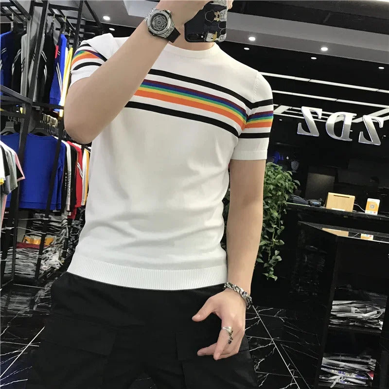 T恤男2022 Summer New Men's Trendy Ice Silk Knit Striped Short Sleeve T-shirt Slimming Effective Cooling Half Sleeve T-shirt