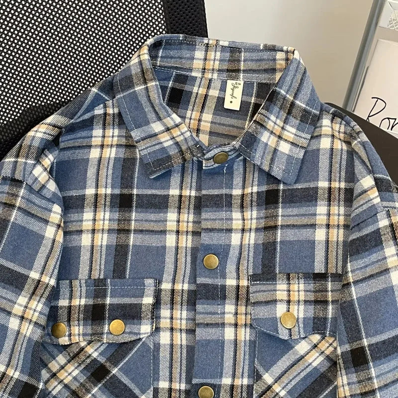 衬衫男Men's American Style Vintage Street Multi-Pocket Work Plaid Shirt Women's Summer Trendy Brand Blue Grid Pattern Casual Shirt