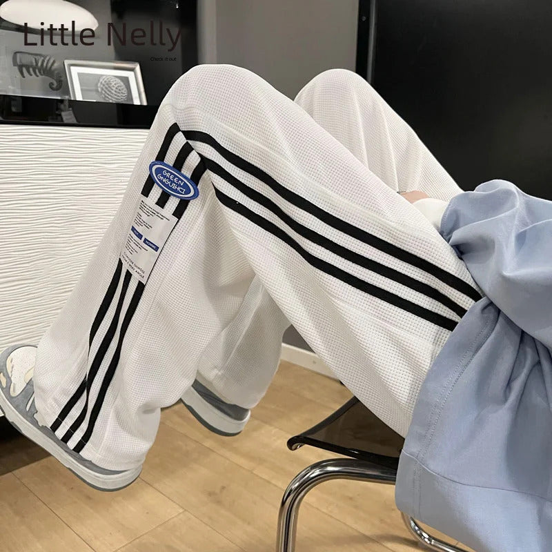 休闲裤男Men's Summer Thin Striped Sports Trousers Loose Straight-leg Casual Pants Vintage High Street Vibe Trendy Casual Pants